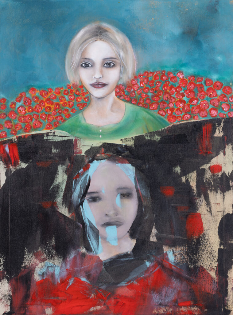 Kamila Suchecka, Jedna ma piekło, druga ma raj, 2023 - obraz z dwoma kobietami w odcieniach czerwieni, błękitu, zieleni