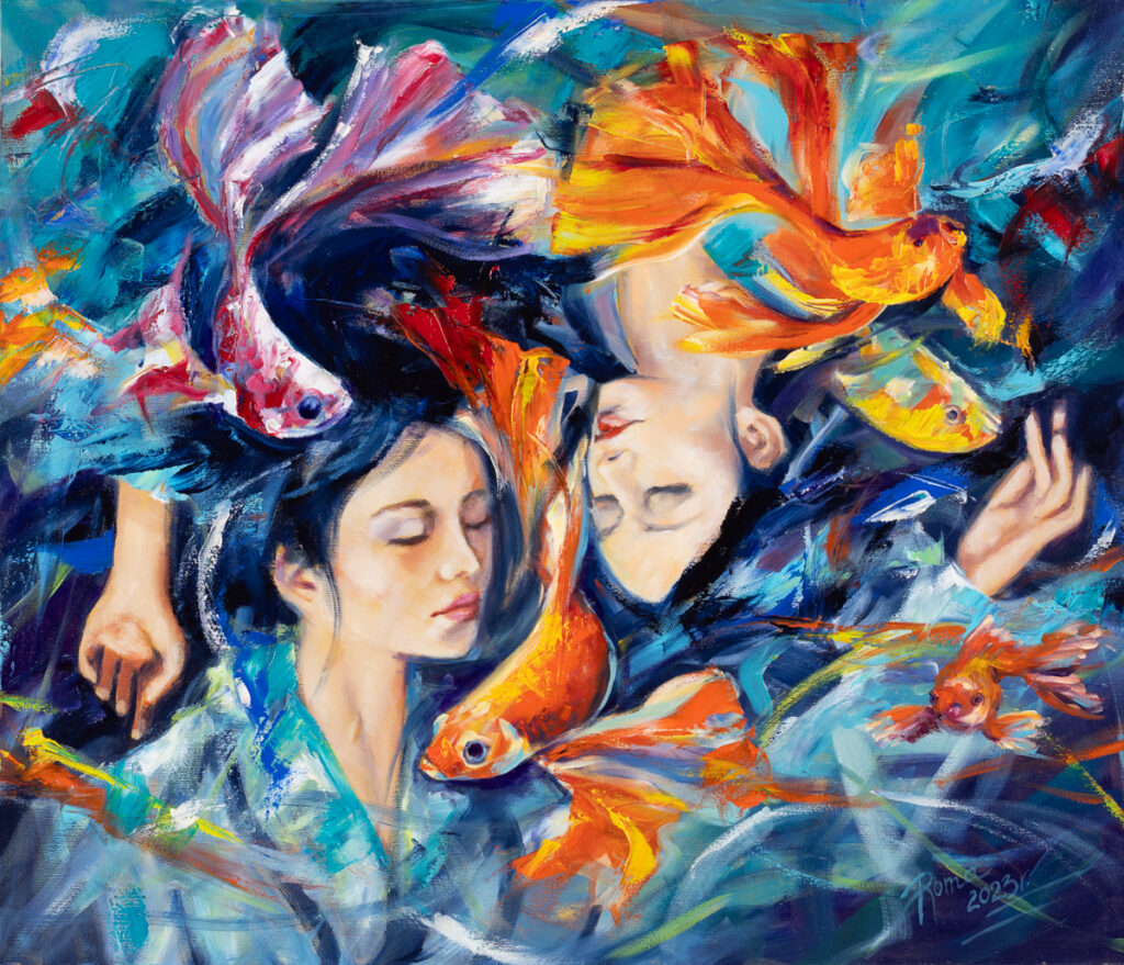 Magdalena Rochoń, Śnij, kochana śnij…, 2023 – bajkowy obraz z dwiema postaciami i rybami