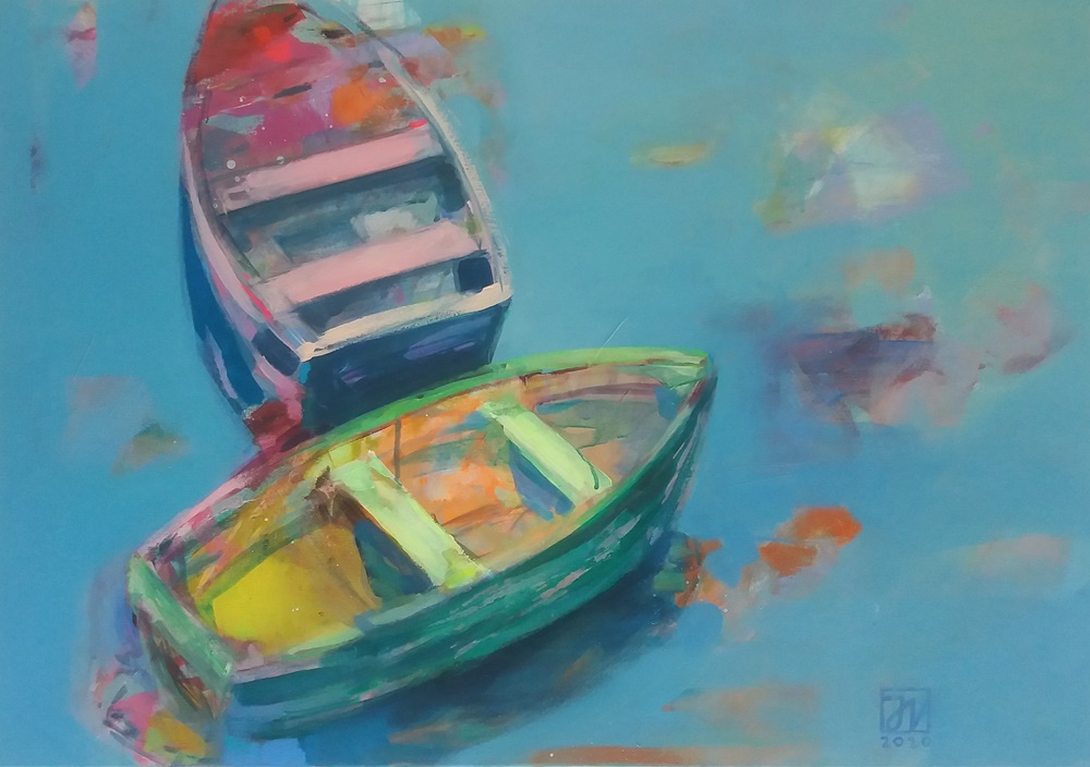 Jadwiga Wolska, Łodzie na wodzie, 2020 - błękitny obraz z kolorowymi łodziami
