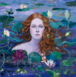 Patrycja Kruszyńska-Mikulska, Wodna panna, 2023 - obraz z portretem rudej kobiety na tle wody, lilie wodne