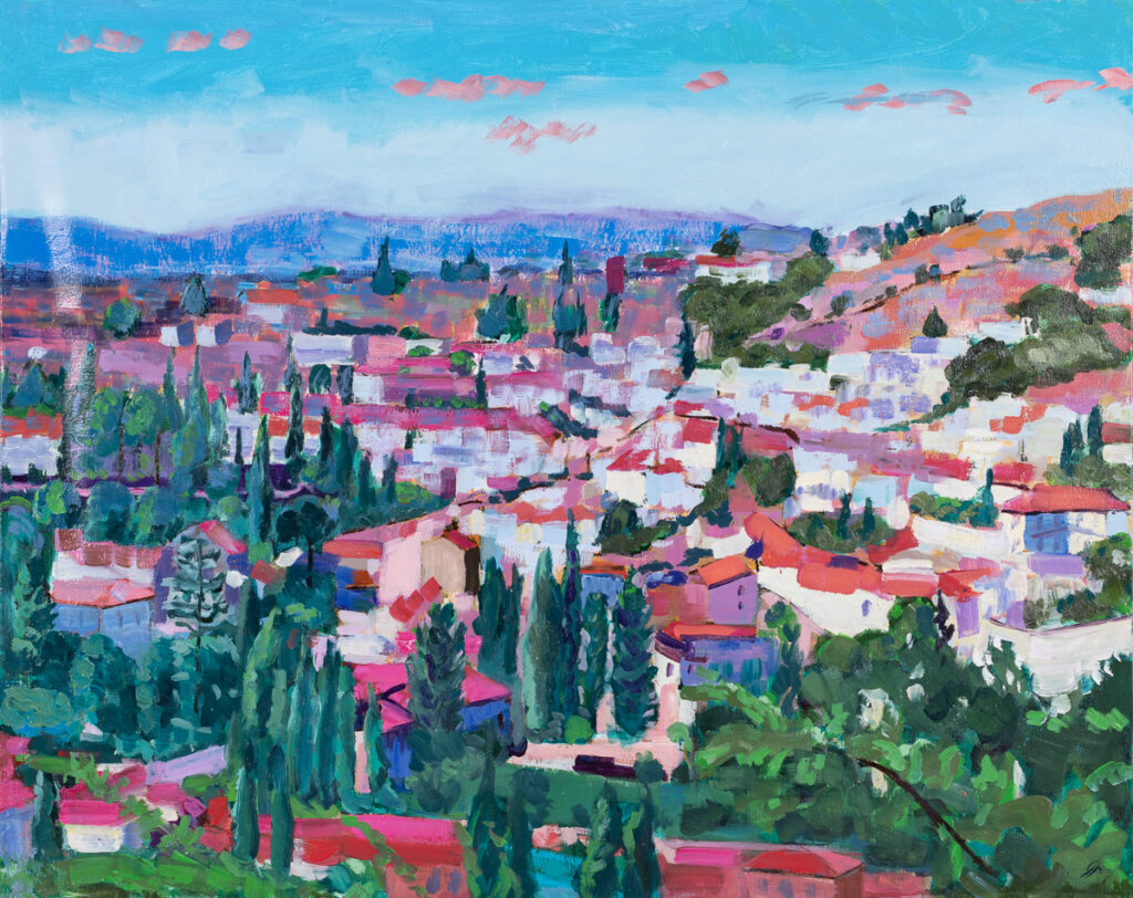 Gabriela Paluch, Andaluzyjski krajobraz, 2023 – kolorowy obraz z widokiem miasta w Hiszpanii