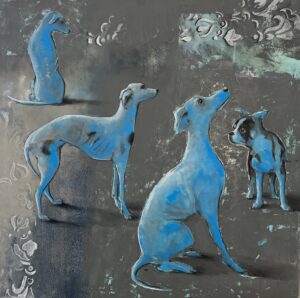 Nina Zielińska-Krudysz, Niebieskie psy z Bombaju, 2023 – obraz z czterema psami na szarym tle