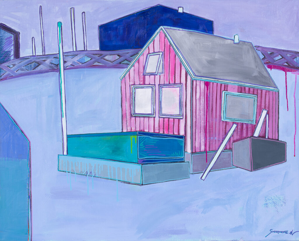 Laura Brędowska Bez tytułu z cyklu Miejsca, 2023 różowy dom na polu wieś architektura w malarstwie