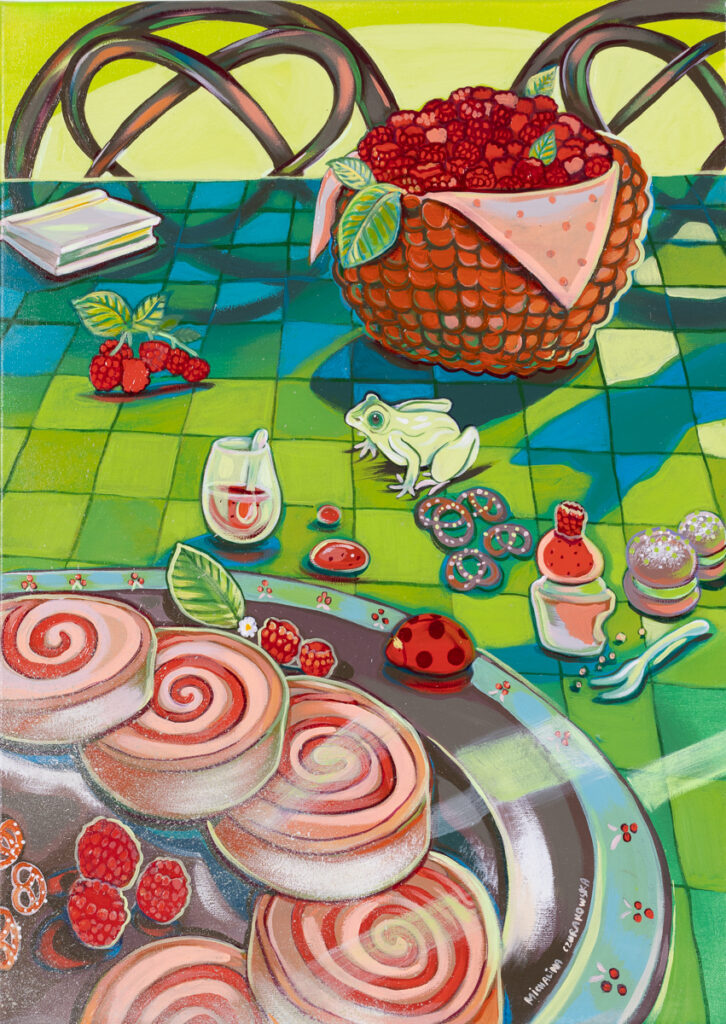 Michalina Czurakowska Sweetness of Life: Sponge Roll with Jam Raspberries, 2023 realizm magiczny stół żabka jedzenie krzesła perspektywa