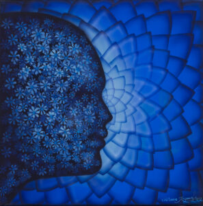 Hanna Rozpara Profil kwiatowy indygo, 2022 abstrakcja geometryczna niebieski granatowy profil osoby kwiaty