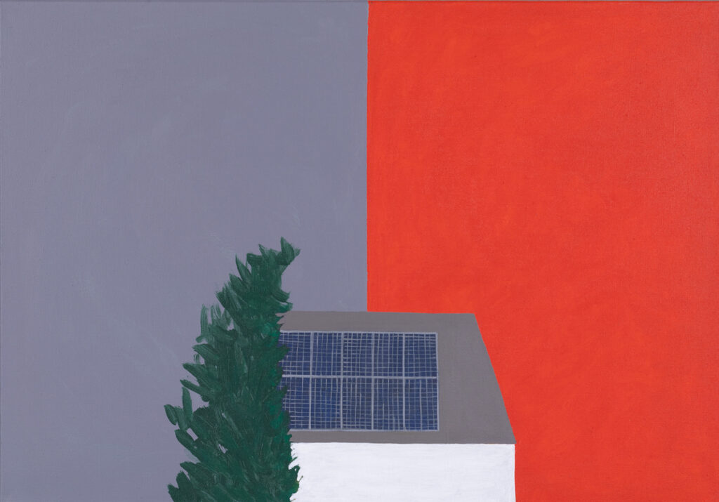 Joanna Mrozowska Dom z fotowoltaiką, 2023 minimalizm architektura drzewo czerwony szary