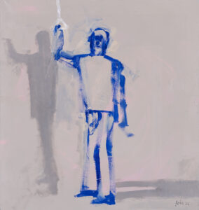Michał Jędrczak, 21\07 Pasażer, 2023 - jasny obraz z postacią mężczyzny, niebieski kontur na szarym tle