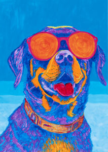 Sebastian Stachura Bez tytułu, 2023 pies w okularach niebieski obraz z psem
