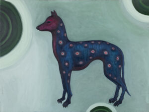 Iza Staręga, Z cyklu Zwierzęta, których nie widziałam, ale są, 2023 - błękitno-fioletowy pies na zielonym tle