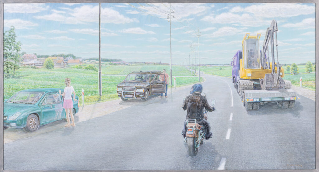 Zbigniew Mil, Będąc w chwili, 2023 - realistyczny, jasny obraz z motocyklistą na ulicy