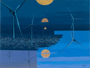 Katarzyna Lembryk Wschód księżyca na farmie wiatrowej na Morzu Północnym, 2023 słońce wiatraki surrealistyczny pejzaż niebieski