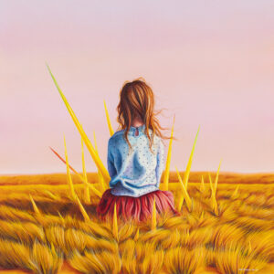 Ewa Prończuk-Kuziak M., 2023 mała dziewczynka na polu żółtej trawy różowe niebo