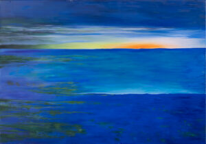 Alina Bloch Bez tytułu, 2023 abstrakcja niebieska granatowa pomarańczowy pejzaż zachód słońca