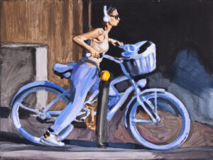 Marcin Kędzierski, Lawendowa dziewczyna, 2023 - obraz z kobietą na rowerze w mieście