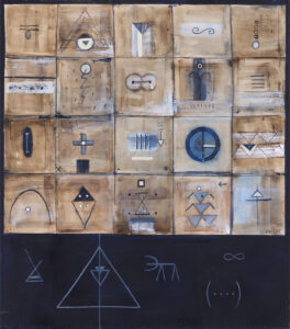 Halyna Dudar, Cosmogonic senses, 2023 - abstrakcja z symbolami na beżowym i czarnym tle