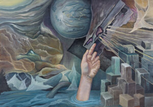 Paweł Batura, Focussing, 2021 - surrealistyczny obraz z dłonią, morzem i architekturą