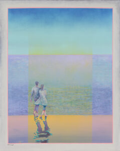 Małgorzata Pastuszek, Spacer z bryzą, z cyklu Bryza, 2023 - pastelowy obraz z parą idącą nad morzem