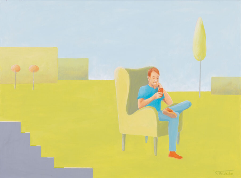 Katarzyna Kudełka, W chmurze, 2023 - kolorowy obraz z mężczyzną w fotelu