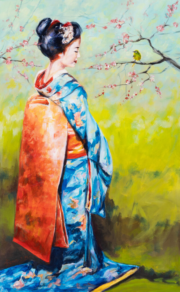 Magdalena Rochoń, Wyśpiewaj mi wiosnę, 2023 - kolorowy obraz z gejszą w ogrodzie