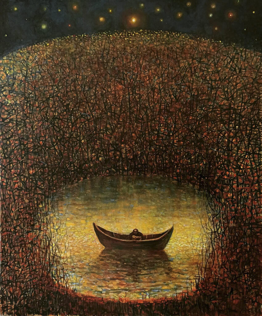 Piotr Banaszkiewicz, Noc, 2023 nastrojowy obraz z łodzią, brązy żółcie