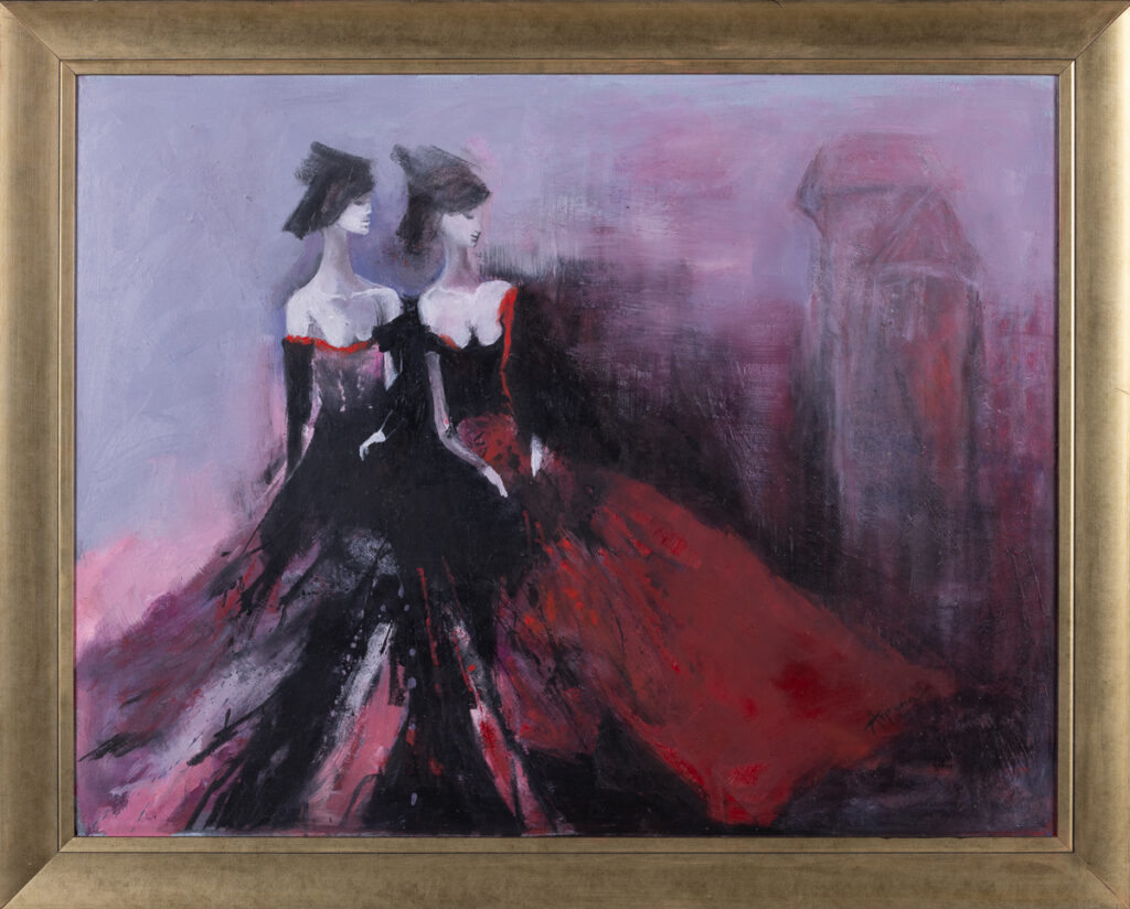 Małgorzata Karczmarzyk, Powrót z balu w porannych gdańskich mgłach, 2023 - bajkowy obraz z kobietami w eleganckich sukniach, czerwienie, fiolety