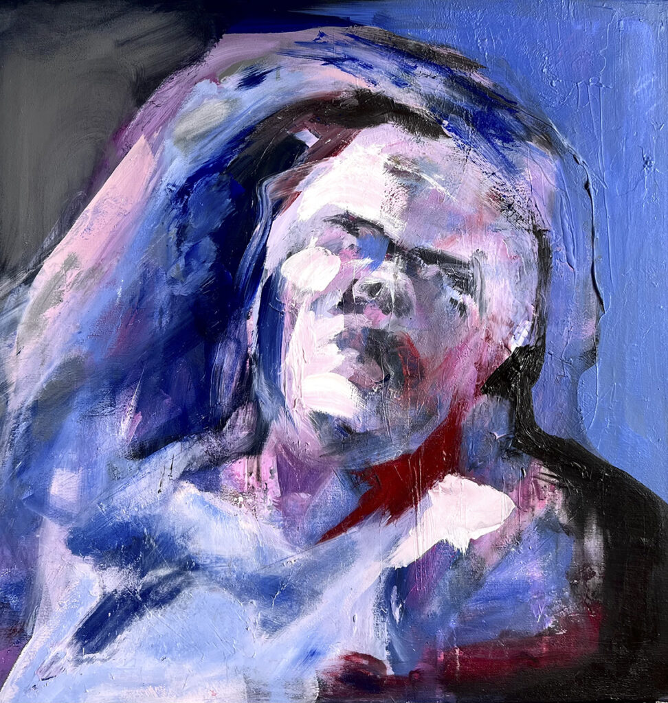 Nadiia Shepitchak, Before, 2023 - ekspresyjny portret w błękicie, bieli, czerwieni