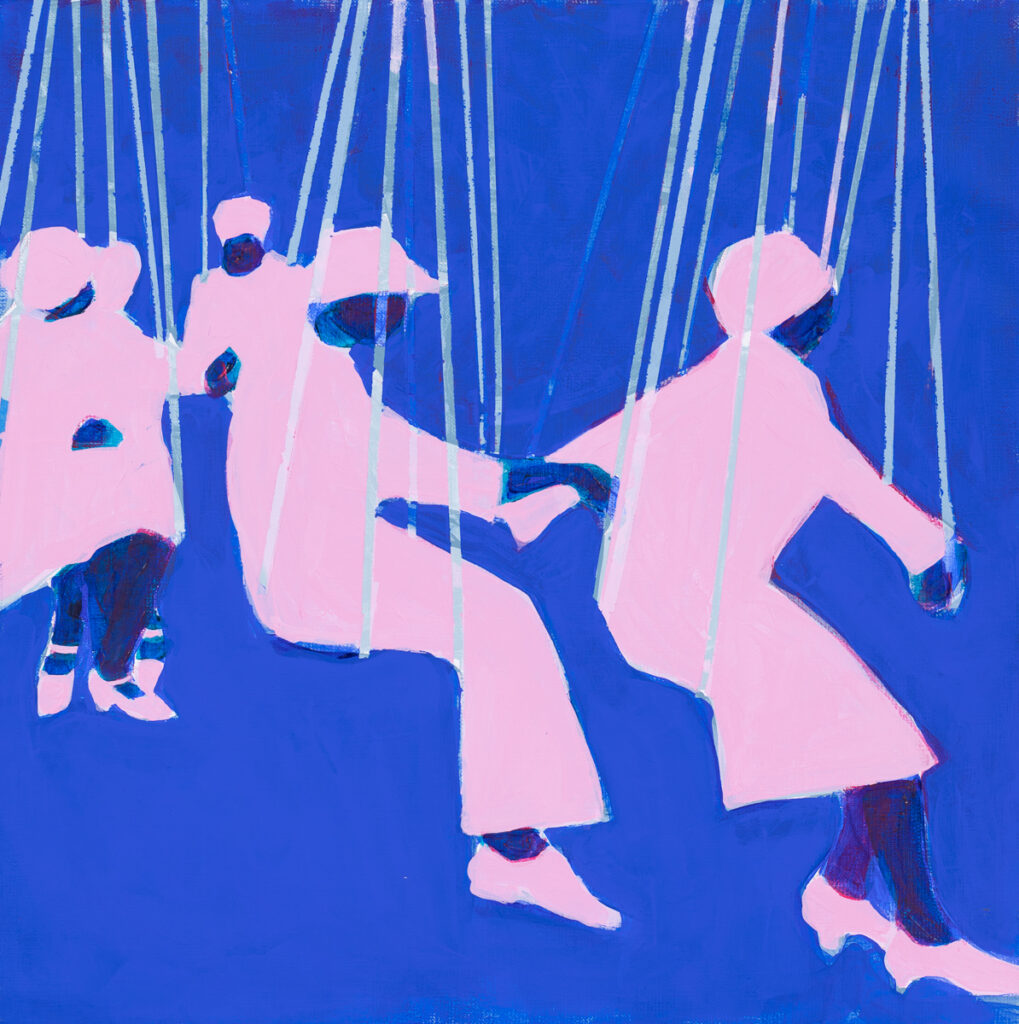 Iwona Kobryń, Bez tytułu z cyklu Karuzele, 2023 - kompozycja z kobietami na karuzeli, róż, błękit