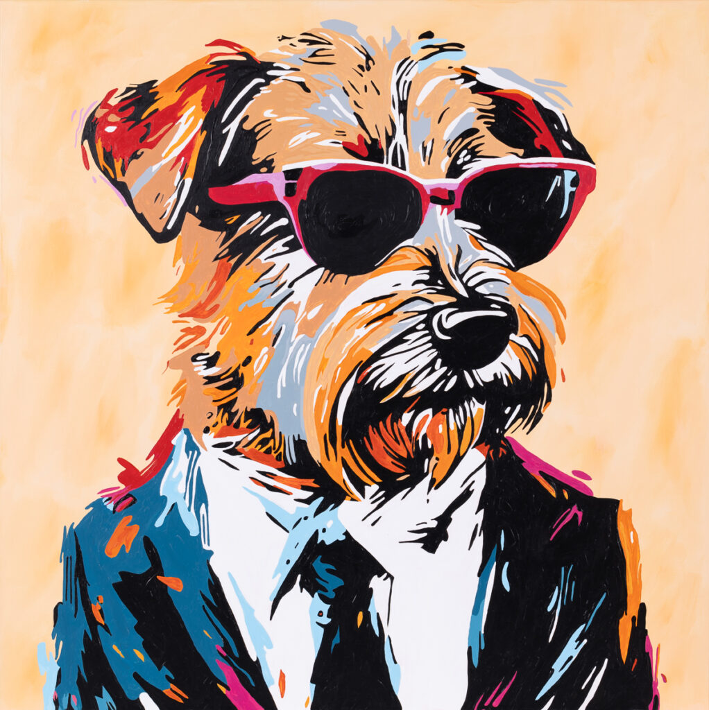 Sebastian Stachura , Pies 1, 2023 - obraz z portretem psa w garniturze