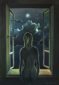 Grzegorz Ziółkowski, Samotna noc, 2007 - nastrojowy obraz, nokturn, kobieta w oknie