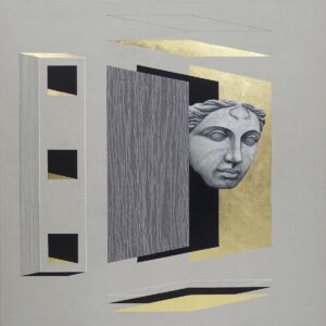 Tomasz Barczyk, Antique Box 04, 2023 - dekoracyjny obraz ze złotem, z antyczną rzeźbą, twarz
