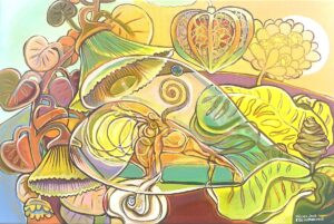 Michalina Czurakowska, In Heart, 2023 - żółto-zielony, bajkowy obraz, rośliny, kwiaty