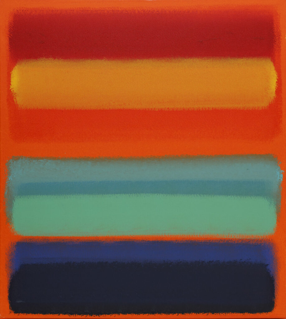 Jonasz Koperkiewicz Summer blur, 2021 – intensywna abstrakcja minimalistyczna, pomarańczowy, zielony, granatowy, czerwony