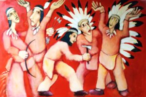 Miro Biały, Indiańskie lato, 2023 - czerwony obraz z grupą indian