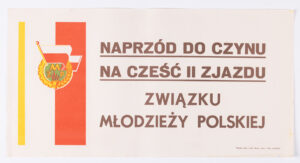 Wojskowe Zakłady Graficzne Warszawa, Plakat "Naprzód do czynu na cześć II zjazdu Związku Młodzieży Polskiej", lata 50. XX w. - plakat PRL, vintage