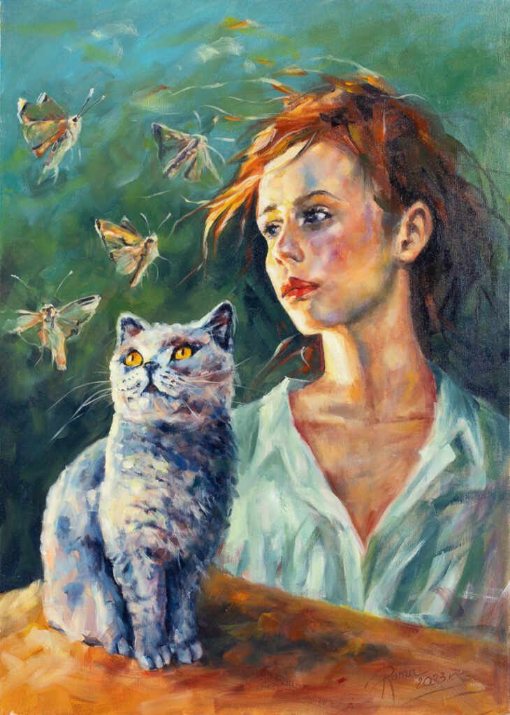 Magdalena Rochoń Czekając na światła nocy, 2023 – portret kobiety z kotem na zielonym tle, ruda dziewczyna, szary kot, jesień