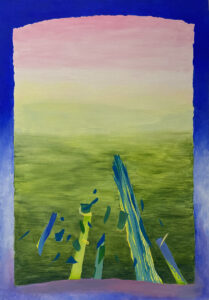 Alina Bloch, Coś, 2023 - abstrakcyjny obraz w zieleni, błękicie i różach