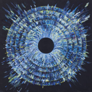 Magdalena Barczyk-Kurus, Cosmos V – Emanacja z cyklu Intymność światła, 2022 - dekoracyjna abstrakcja, koło, odcienie błękitu, zieleni, czarne tło