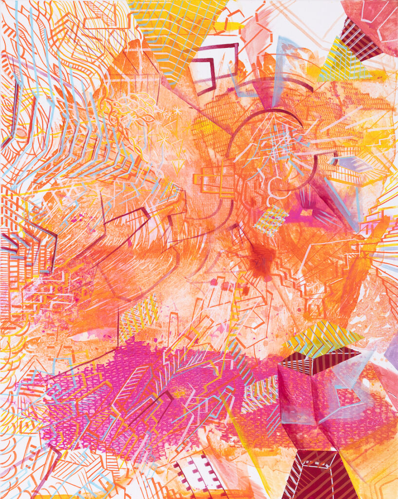 Teresa Kazimierczak Kompozycja 78, 2023 – intensywna abstrakcja pomarańczowa różowa żółta