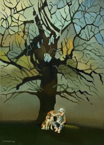 Grzegorz Ziółkowski, Przyjaciele 2, 2023 - obraz z chłopcem i psem siedzącymi pod drzewem