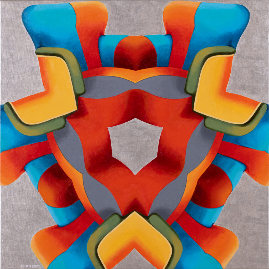 Joanna Bojar-Antoniuk Krabello, 2021 symetryczna abstrakcja czerwona niebieska żółta