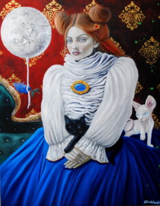 Milena Chmielewska, Kocimiętka, 2023 - dekoracyjny obraz z kobietą i kotem, złoto, czerwień, błękit