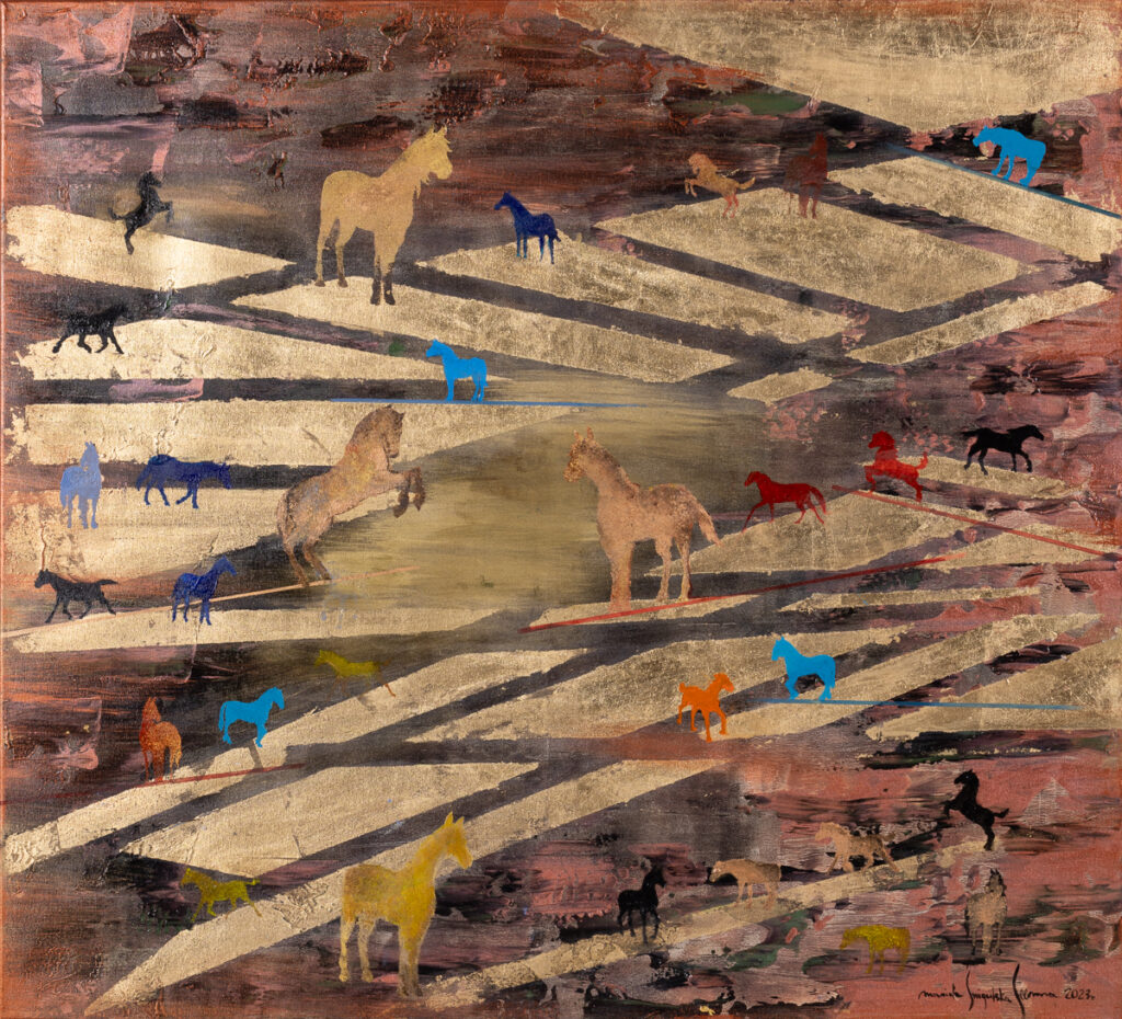 Mariola Świgulska, Drogi do wolności, 2023 - złoty obraz z kolorowymi końmi