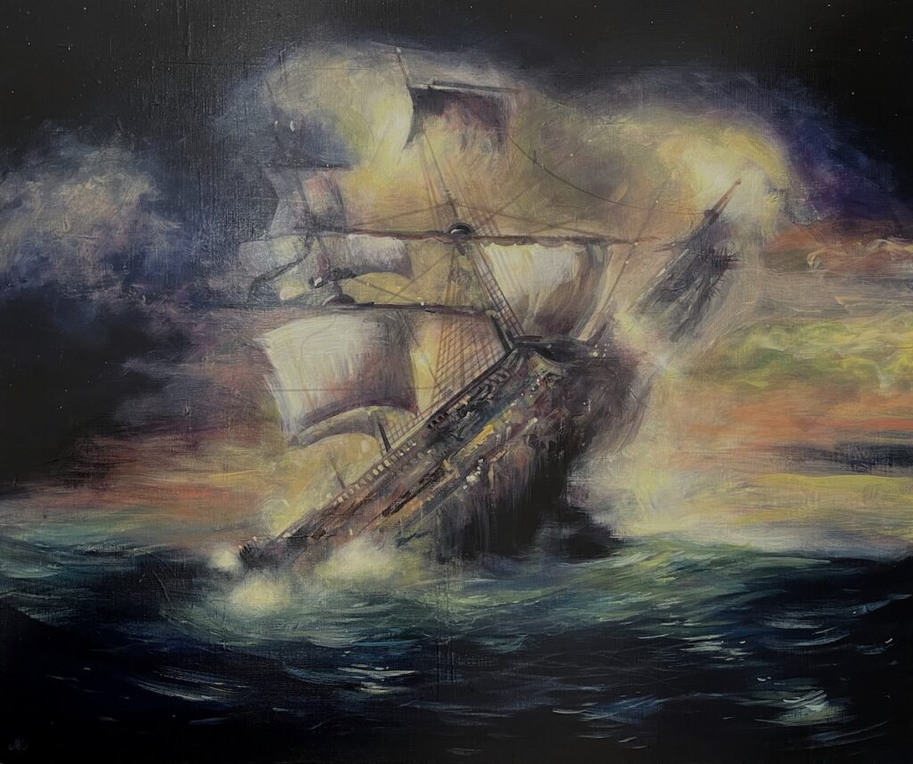 Maciej Kempiński, Pod gwiazdami, 2023 - obraz z żaglowcem tonącym na morzu