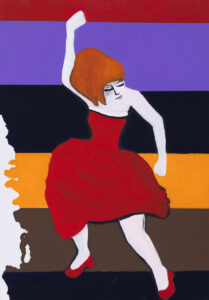 Bartłomiej Załucki Furia, 2023 – retro obraz, tańcząca kobieta, czerwona suknia, pasy