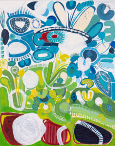 Natalia Kozarzewska, Podwodny, 2023 - kolorowa abstrakcja w zieleni, błękicie, czerwieni i bieli