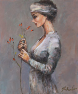 Jerzy Cichecki, Zapach jesieni, 2023 - obraz w beżach z kobietą trzymającą roślinę