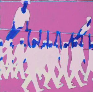 Iwona Kobryń, Bez tytułu z cyklu Lekcja rytmiki, 2023 - różowy obraz z grupą postaci, gimnastyka