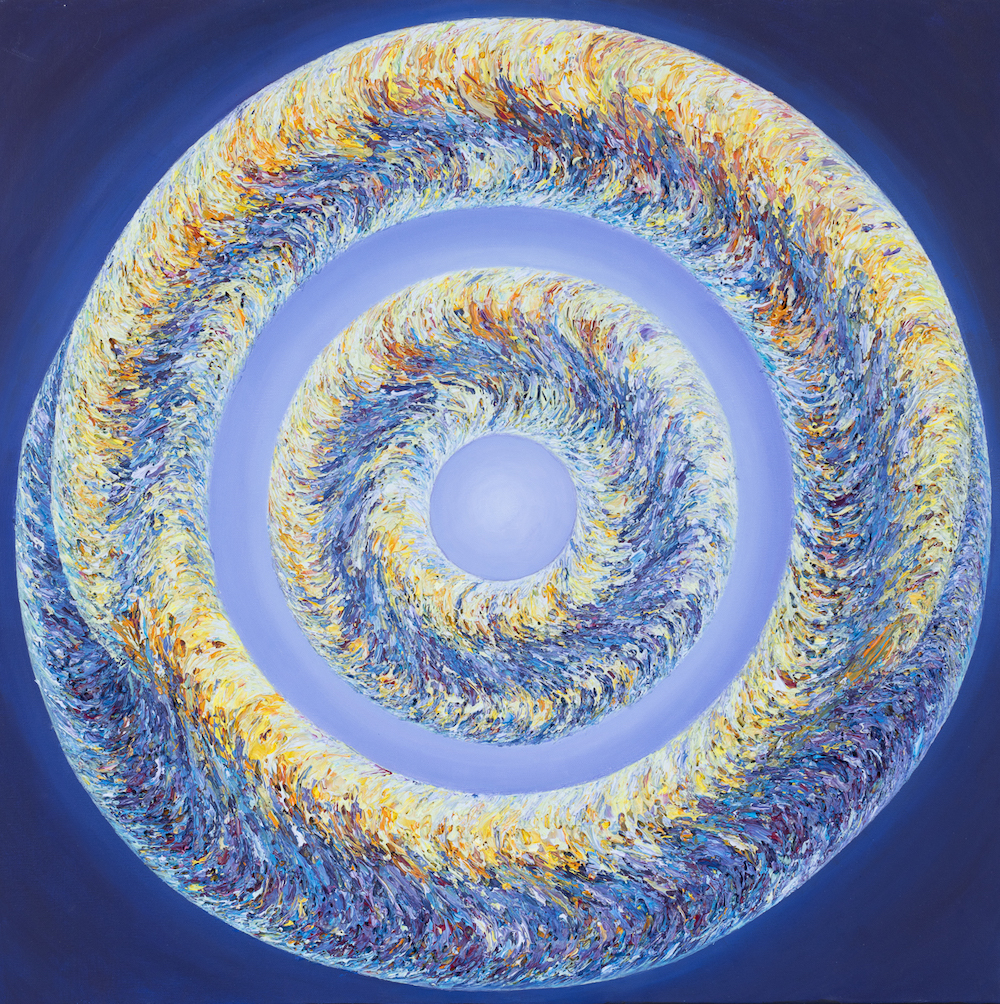 Magdalena Barczyk-Kurus, Luna z cyklu Intymność światła, 2023 - błękitno-żółto abstrakcja z kołem