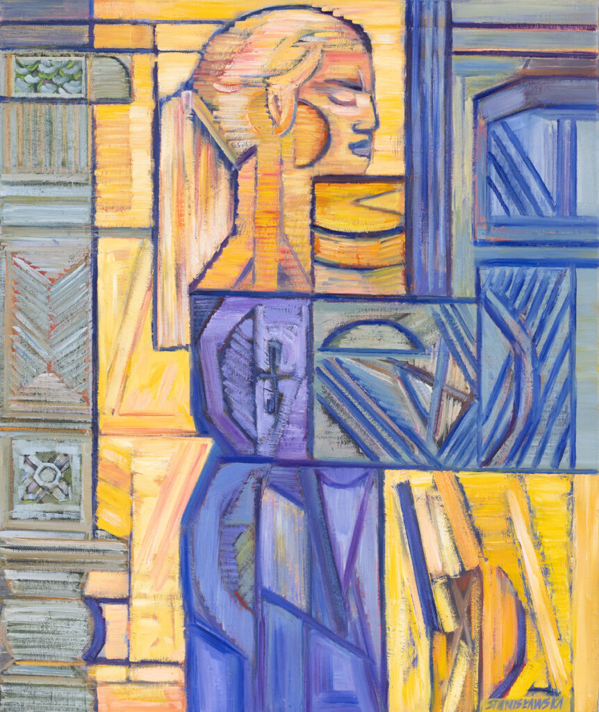 Olga Stanisławska, Skrzypaczka, 2023 - żółto-błękitny geometryczny obraz z kobietą