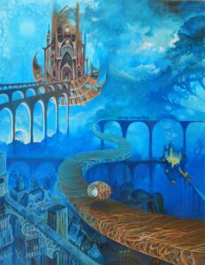 Iwona Szmist, Miasto mostów, 2021 - surrealistyczny obraz z miastem na błękitnym tle
